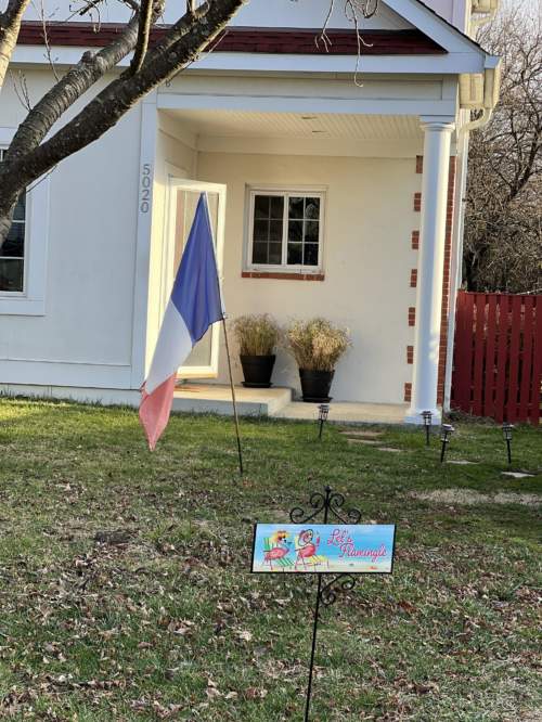 French Flag behind Flamingle sign 